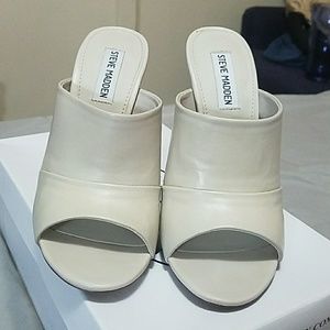 Beige Open-Toe, Backless, Leather Heels